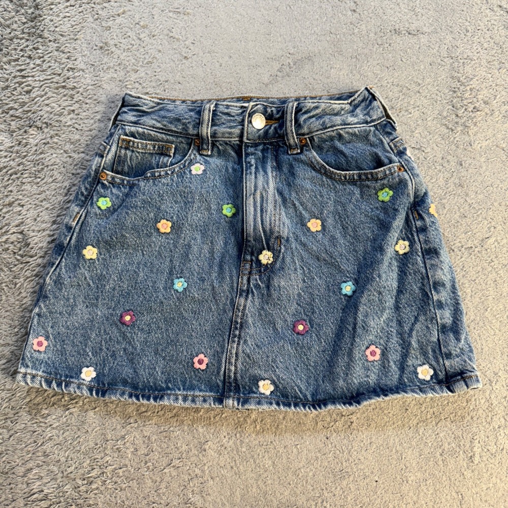 PacSun Womens Embroidered Floral Denim Mini Skirt 23 Blue Cotton Flower